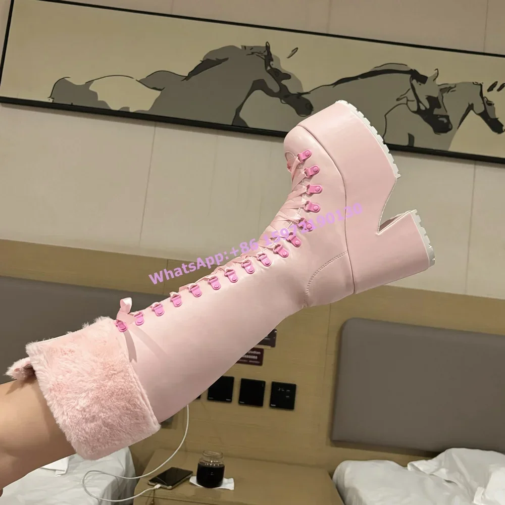 Ribbon Tie Heel - Botas de Piel Rosas con Peluche,