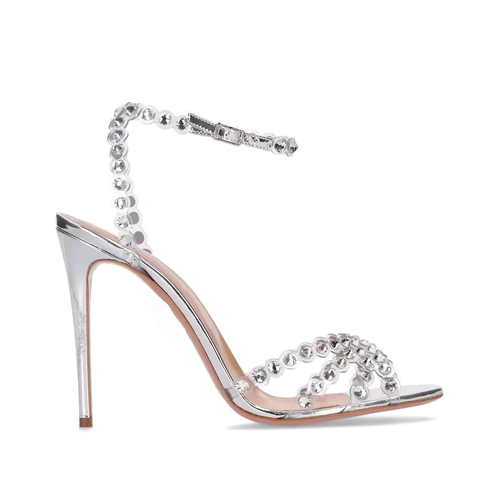 Platform Mule Heel - Sandalias de tacón plateado de talla